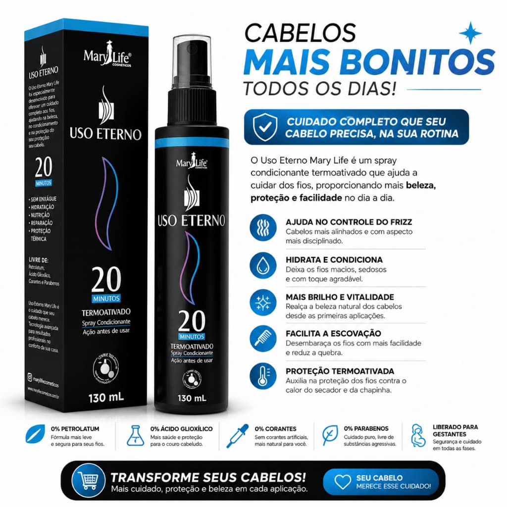 Spray 20 Benefícios  Mary Life 130ml   Finalização Capilar Perfeita  Protetor Térmico  Anti Friso