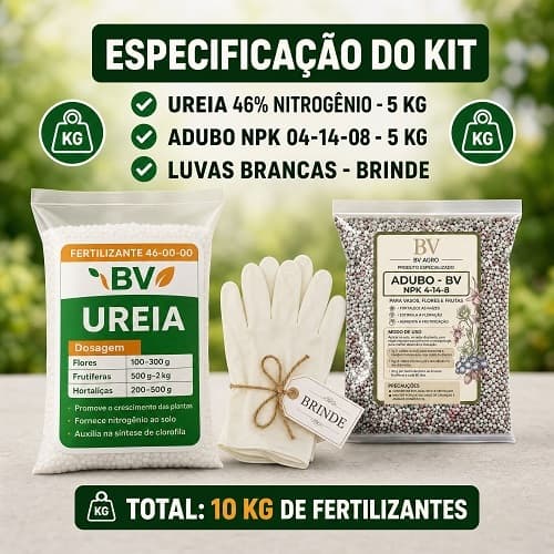 Kit Adubo Gramado 10kg Ureia 46% + NPK + Brinde Luvas - Fertilizante Profissional Grama Verde e Crescimento Rápido