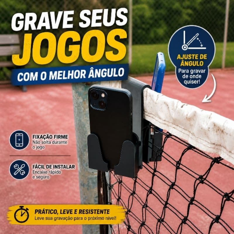 Suporte Duplo para Celular em Rede de Tênis Beach Tennis padel Filmagem