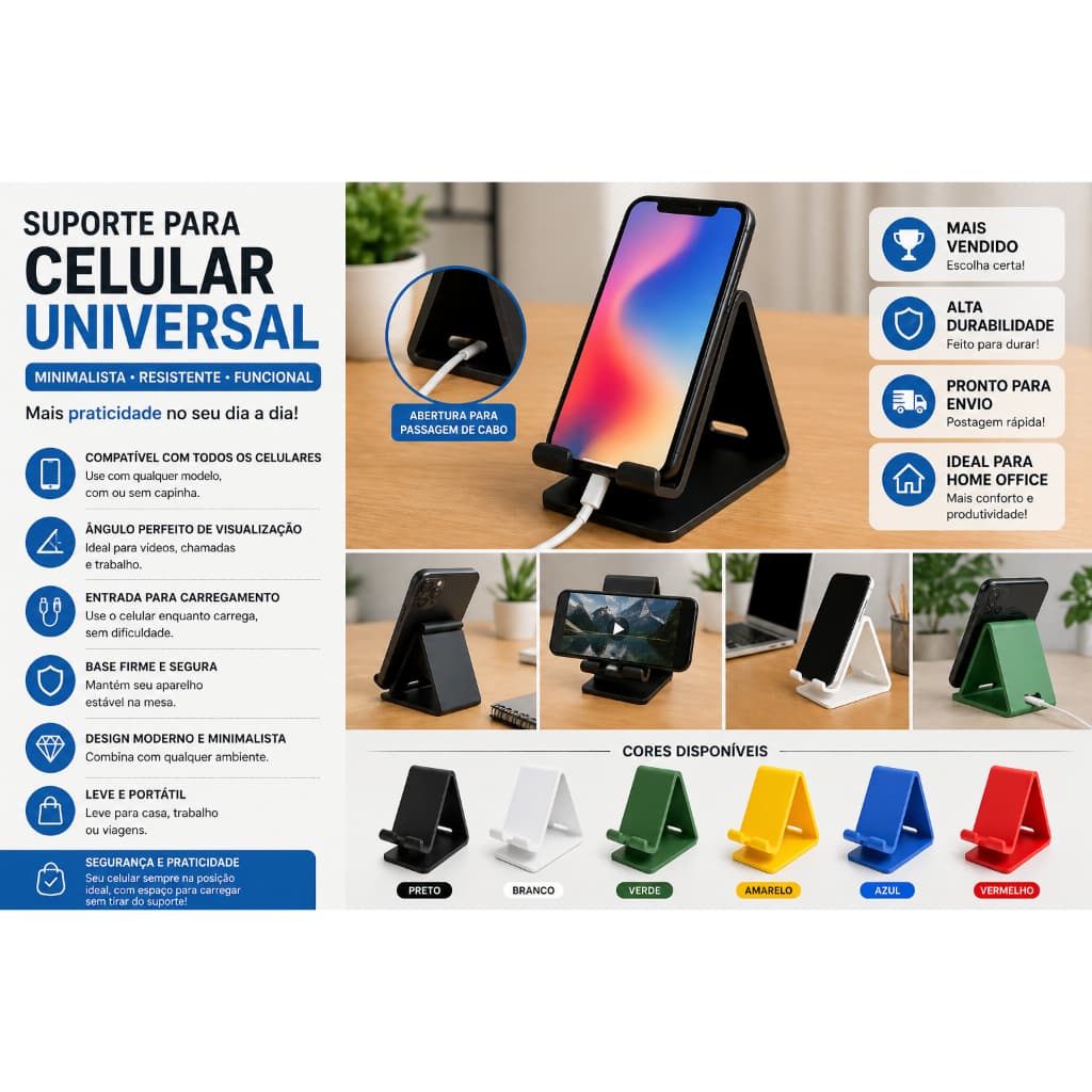 Suporte para Celular Universal Mesa Minimalista | Base Estável com Entrada para Cabo | Compatível com Todos Smartphones