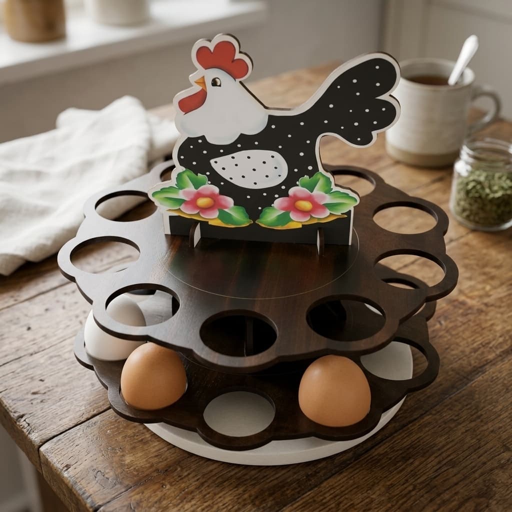 Porta Ovos Giratório 20 ovos Decorativo com Galinha – Organização e Charme para sua Cozinha