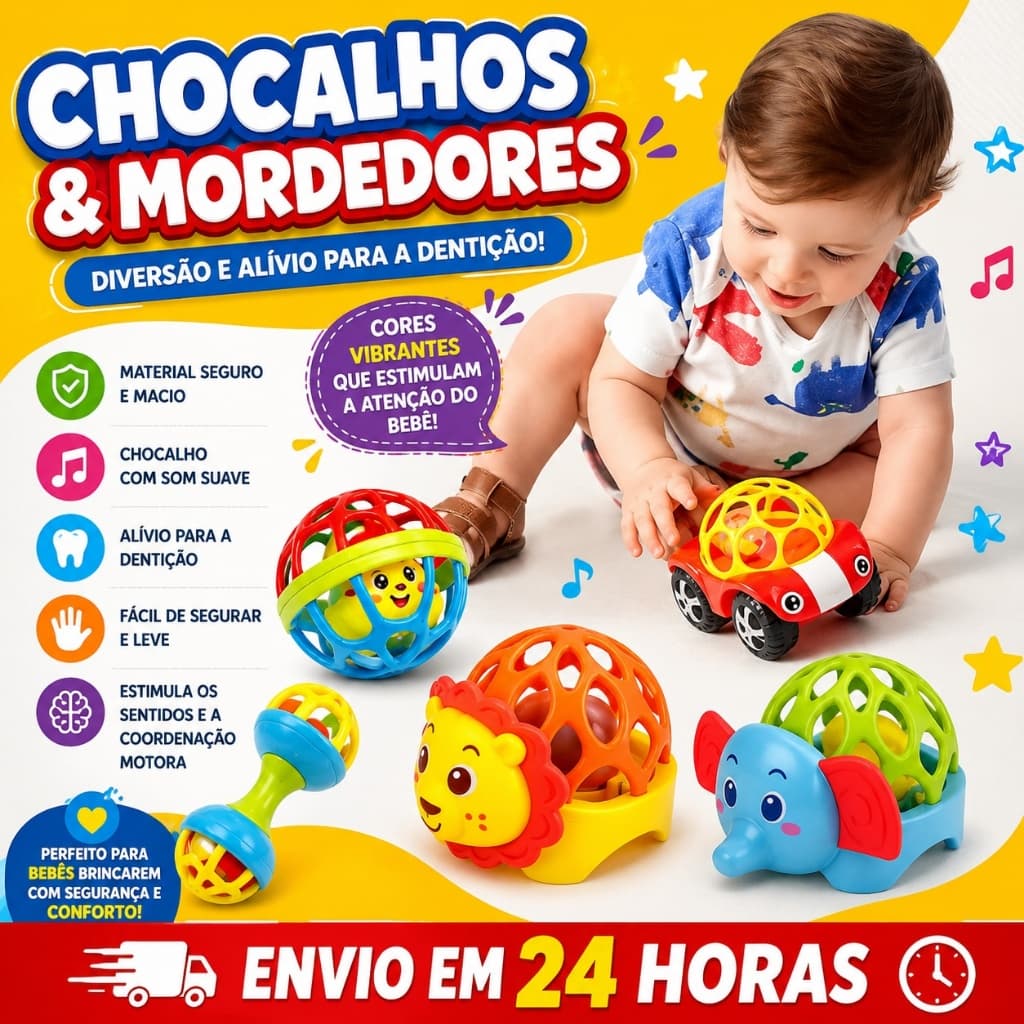 Chocalho de silicone para bebê, mordedor macio.