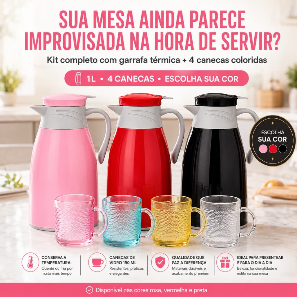 Kit Cantinho Do Café Garrafa Térmica 1 Litro Com Alça + Jogo 4 Canecas De Vidro Café Chá Mesa Posta