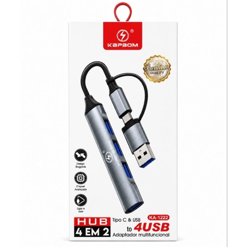 Hub USB 4 Portas Kapbom KA-1222 Adaptador USB e Tipo C 4 em 2