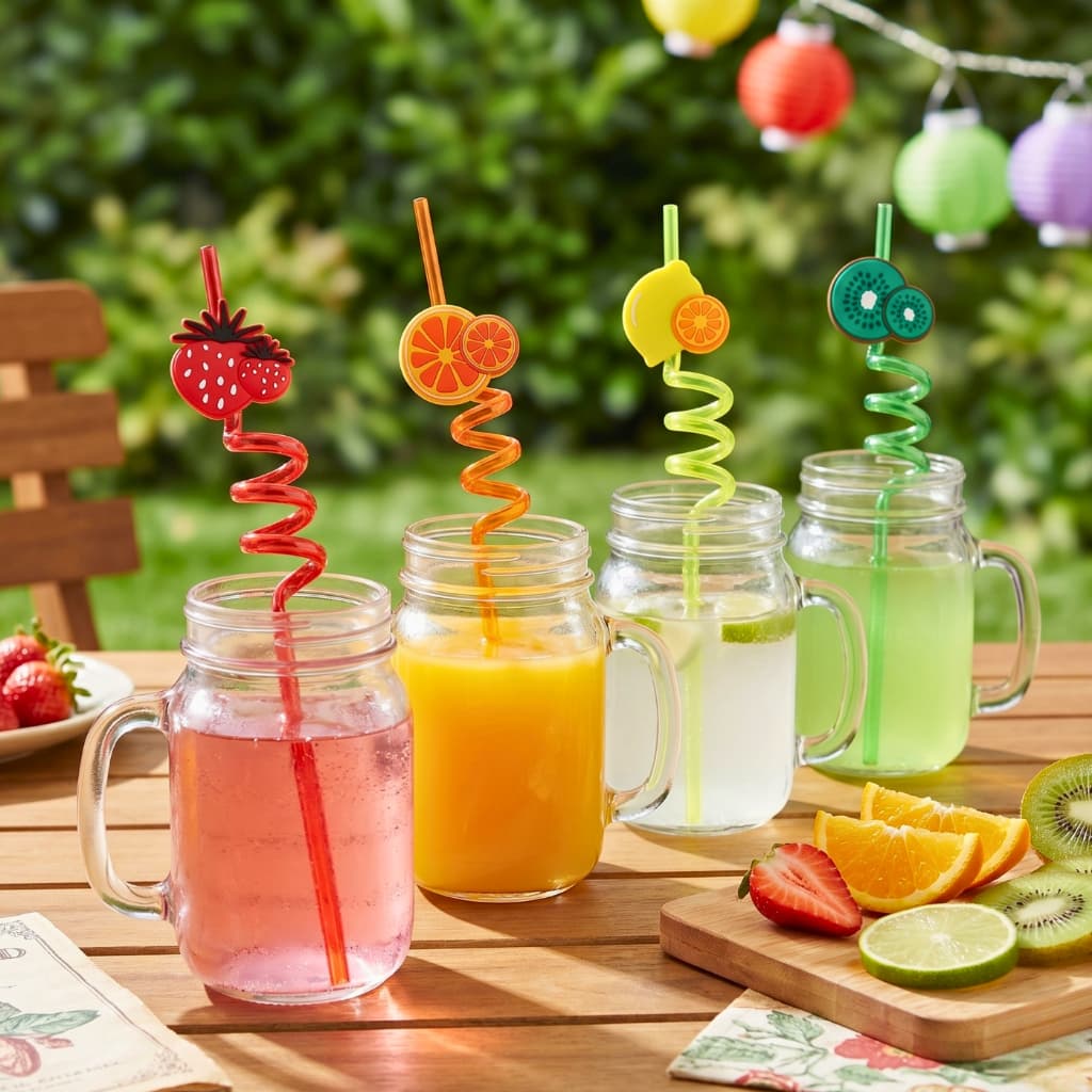 Canudos Espiral c/ Frutinhas Removíveis – Kit 4, Drinks, Festas, Reutilizáveis, PETG