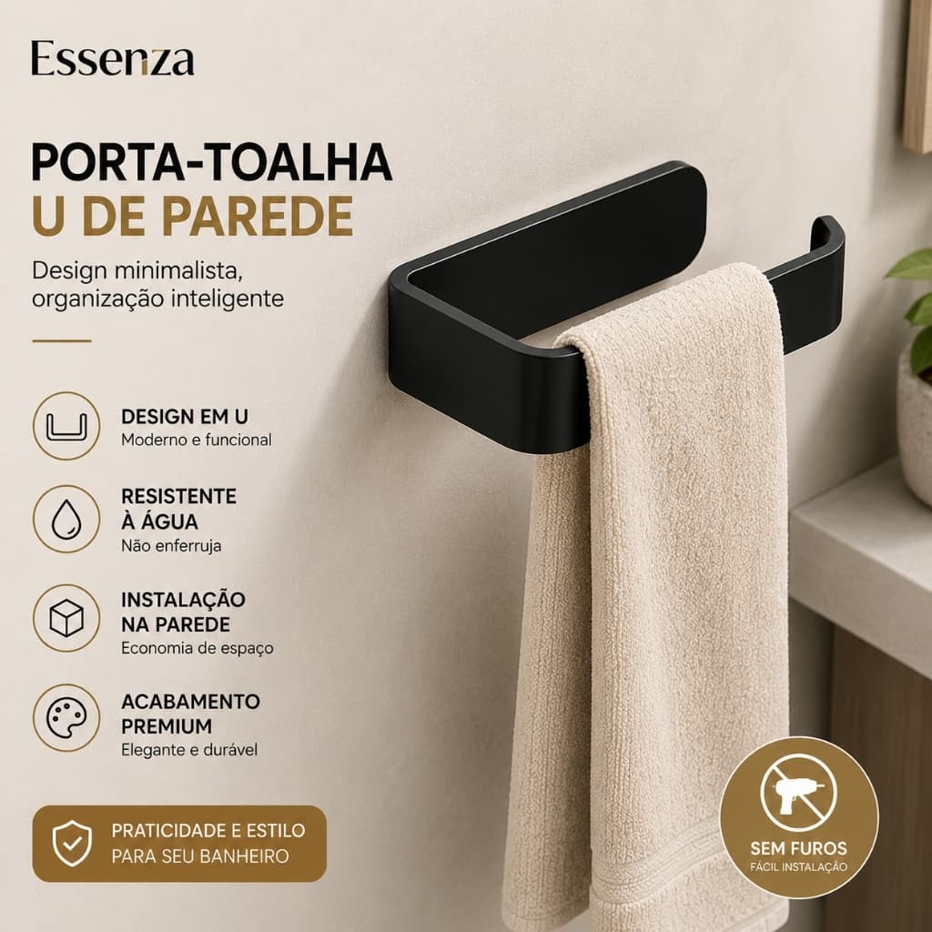 Porta Toalha Banheiro Cozinha Suporte U Parede Adesivo Sem Furo Moderno Essenza Luxo