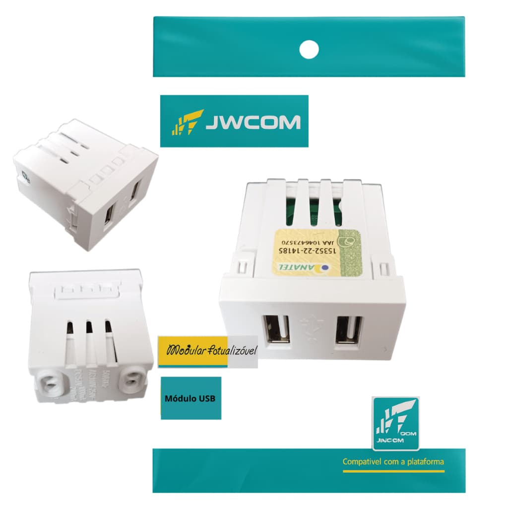 Módulo USB JWCOM 2 Portas Tipo A 5V 2.1A Bivolt Homologado Anatel - Compatível com Linha JWCOM