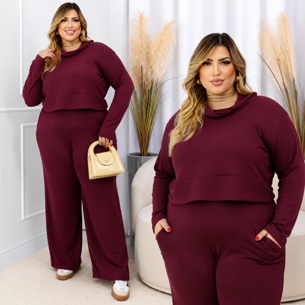 Conjunto Feminino Plus Size Inverno em Tecido Lanzinha Soltinho Elegante e Confortável Roupa Quentinha Plus