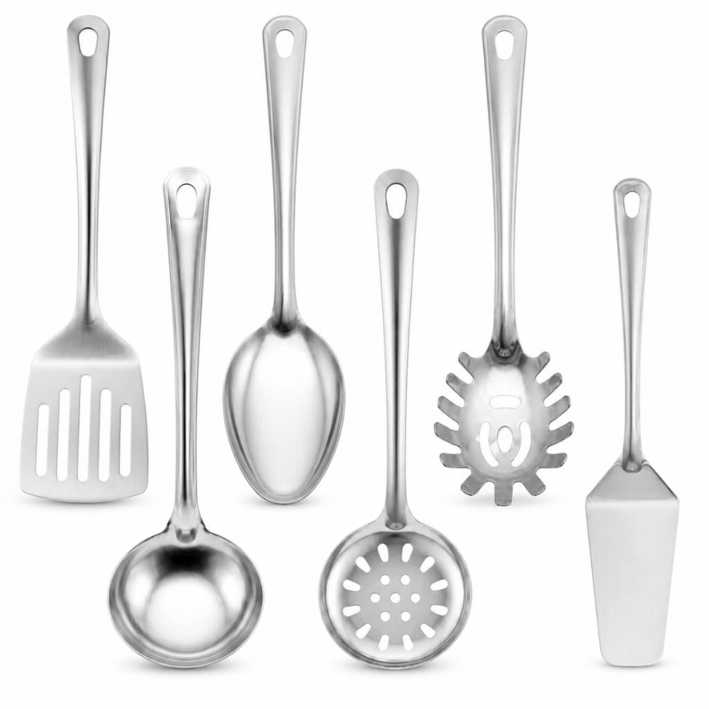 Kit Utensílios de Cozinha Inox Escumadeira Concha Colher Arroz Pegador Massa Espátula Concha