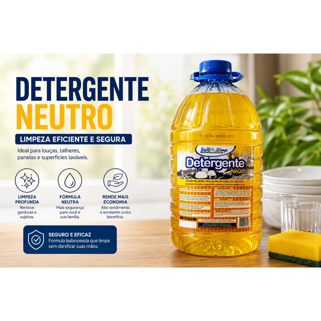 Detergente Neutro 5 Litros Lava Louças Limpeza Pesada Alto Rendimento