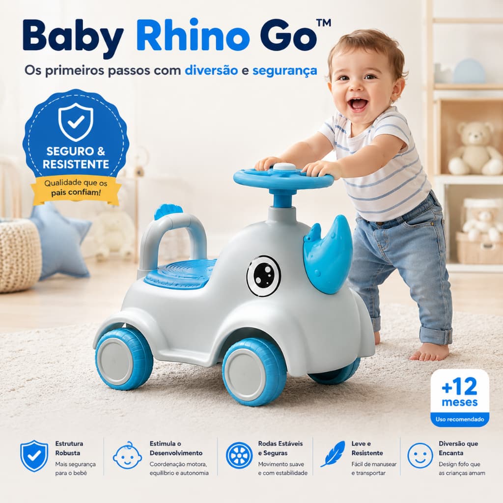 Andador Infantil Baby Rhino Go Azul Seguro Resistente Desenvolvimento Motora Bebê