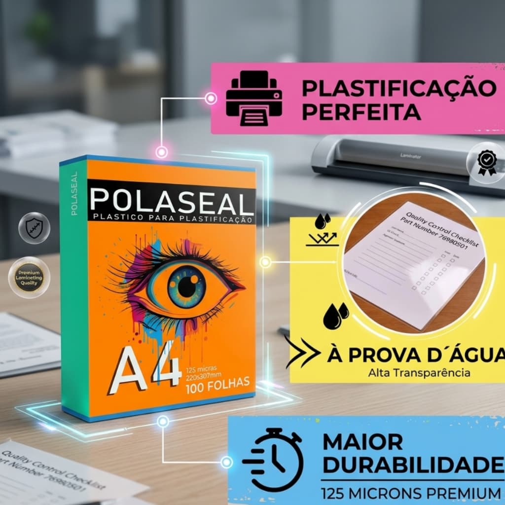 Plástico Premium Polaseal A4 100 Folhas 125 Micras 220x307mm 0,05 para Plastificação de Qualidade