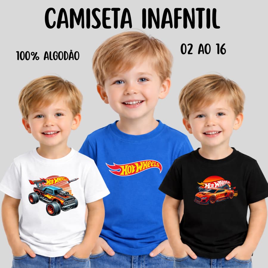 Camisa de Manga Curta Infantil de Menino Malha 100% algodão - Estampas Hotwheels