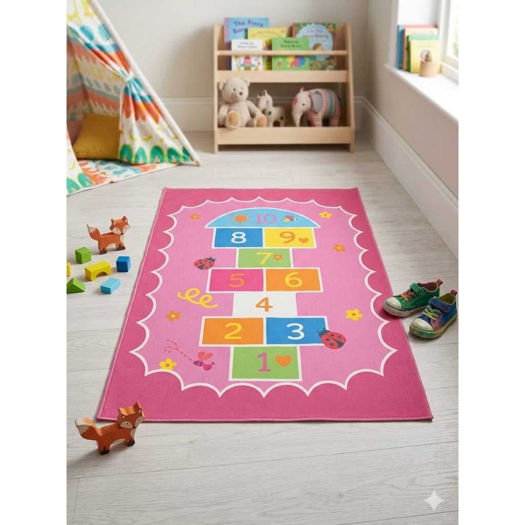 Tapete Kids Infantil Amarelinha Pink e Azul  1,00x1,40 Antiderrapante Emborrachado