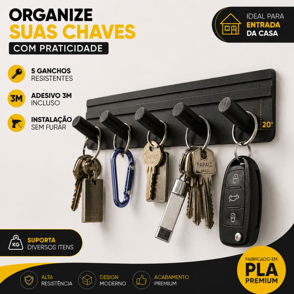 Suporte Chaveiro Parede 5 Ganchos Adesivo 3M Multiuso Organizador Chaves Porta Entrada