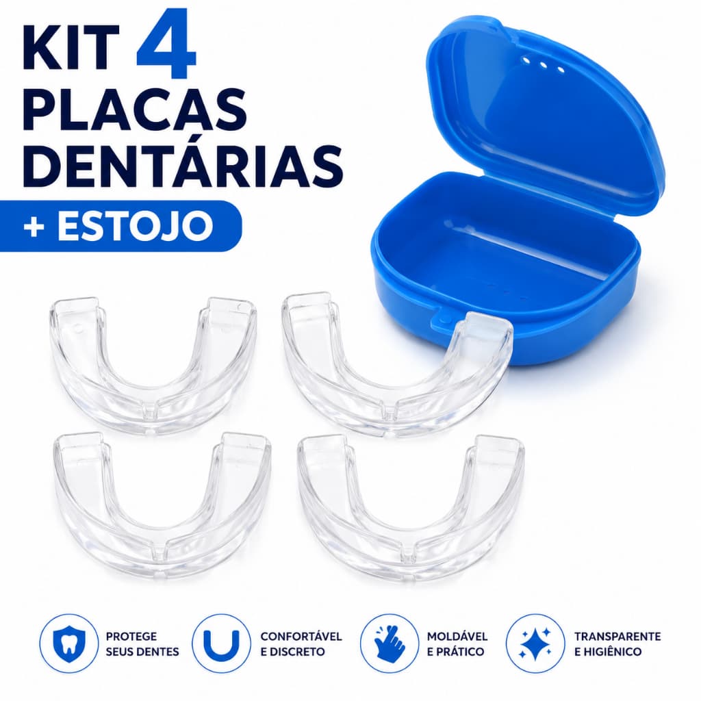 Kit 04 Placas Protetor Bucal Ranger Dentes Moldeira Termo Moldável + Estojo Azul