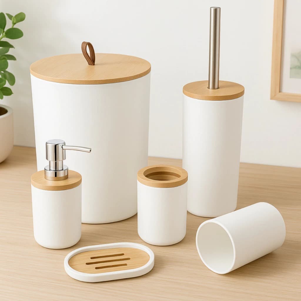 Kit Banheiro Bambu Luxo Conjunto Lavabo Saboneteira Lixeira para Banheiro e Acessorios