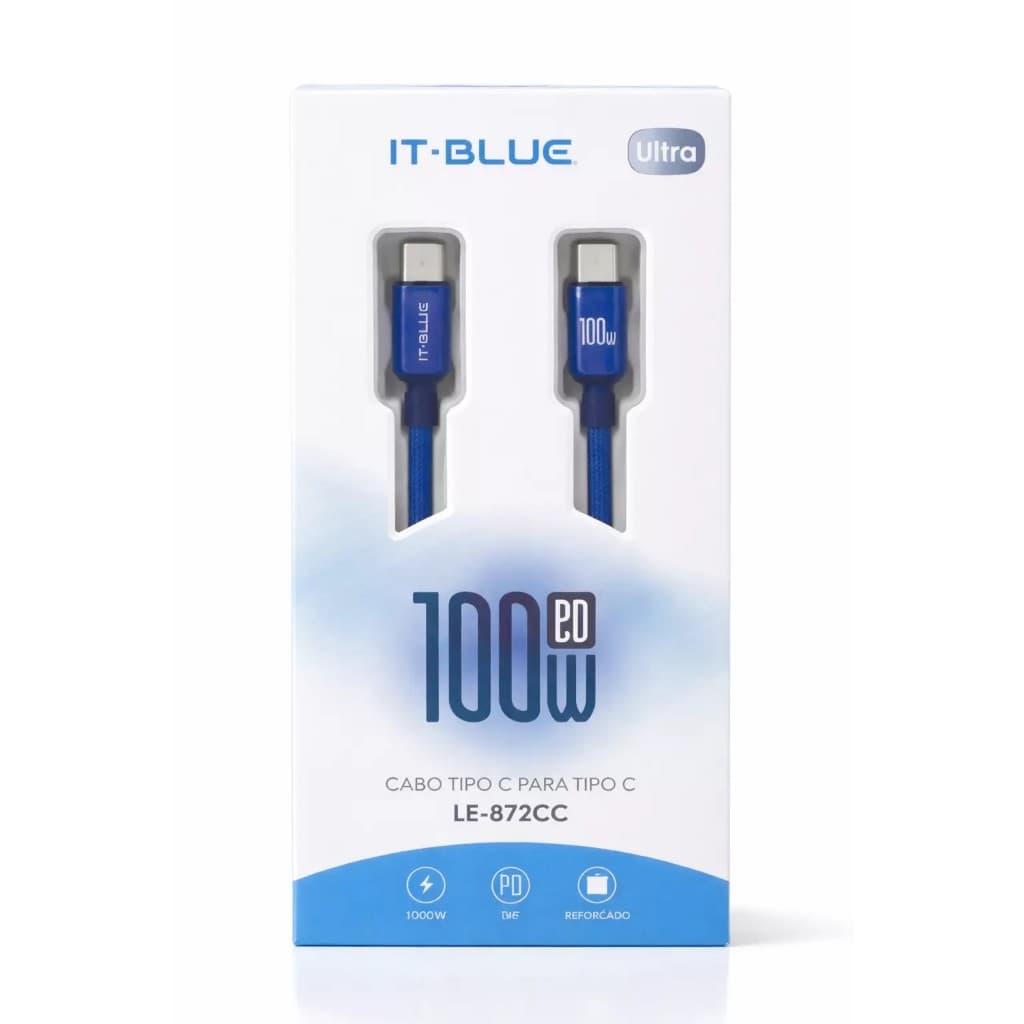 Cabo Tipo C Turbo 100W 1m  USB - C Azul Carregamento Ultra Rápido Iphone samsung Xiaomi