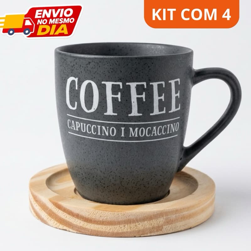 Caneca Xicara Porcelana Artesanal 260ml com Pires de Madeira Redondo Personalizada Café Capuccino