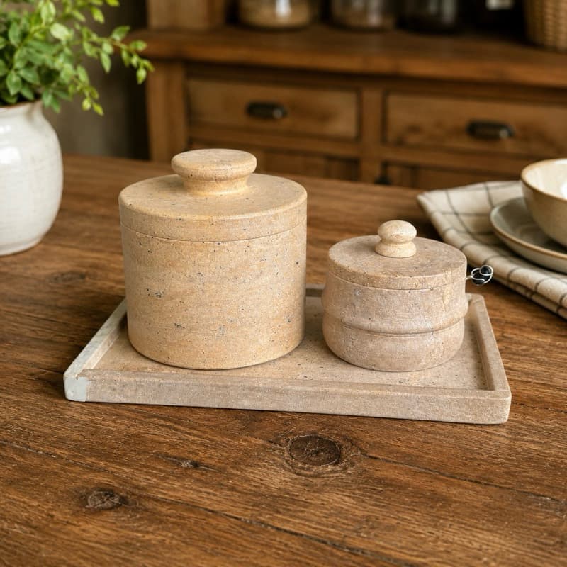 Kit Cozinha 3 peças em Pedra Sabao Mantegueira Francesa+ Açucareiro/saleiro + Bandeja Porta Condimentos Artesanal
