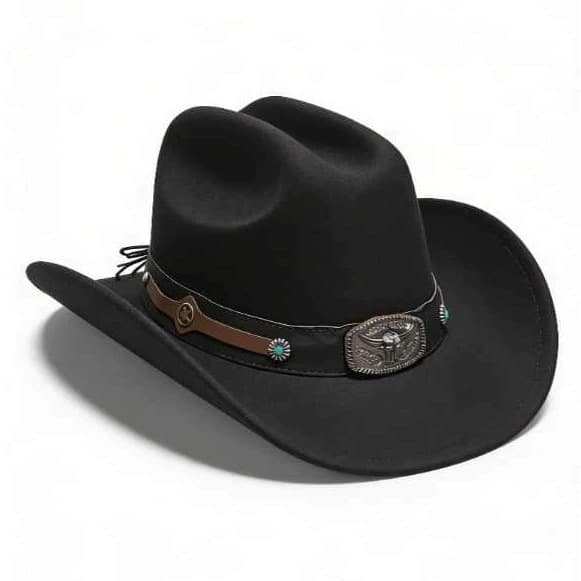 Chapéu Cowboy Preto Feltro Aba Larga Fivela Country Boi Turquesa Unissex Rodeio Festa Peão Boiadeiro