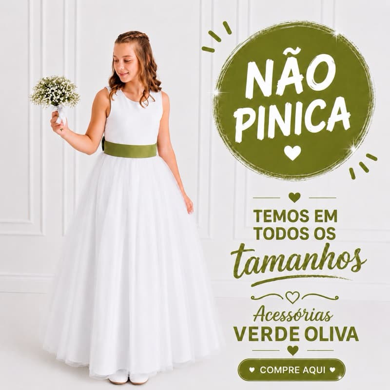 Vestido Longo Branco Dama de Honra Faixa E Laço Verde Oliva  Infantil Com Saia Tule REF4072