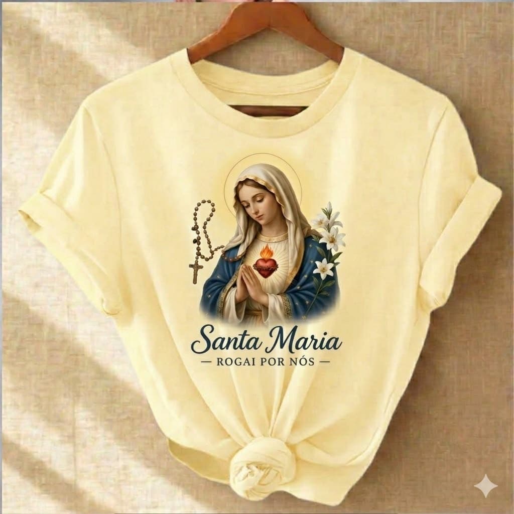 Camiseta Feminina Religiosa Virgem Maria Rogai Por Nós Tshirt Gola Redonda 100% Algodão