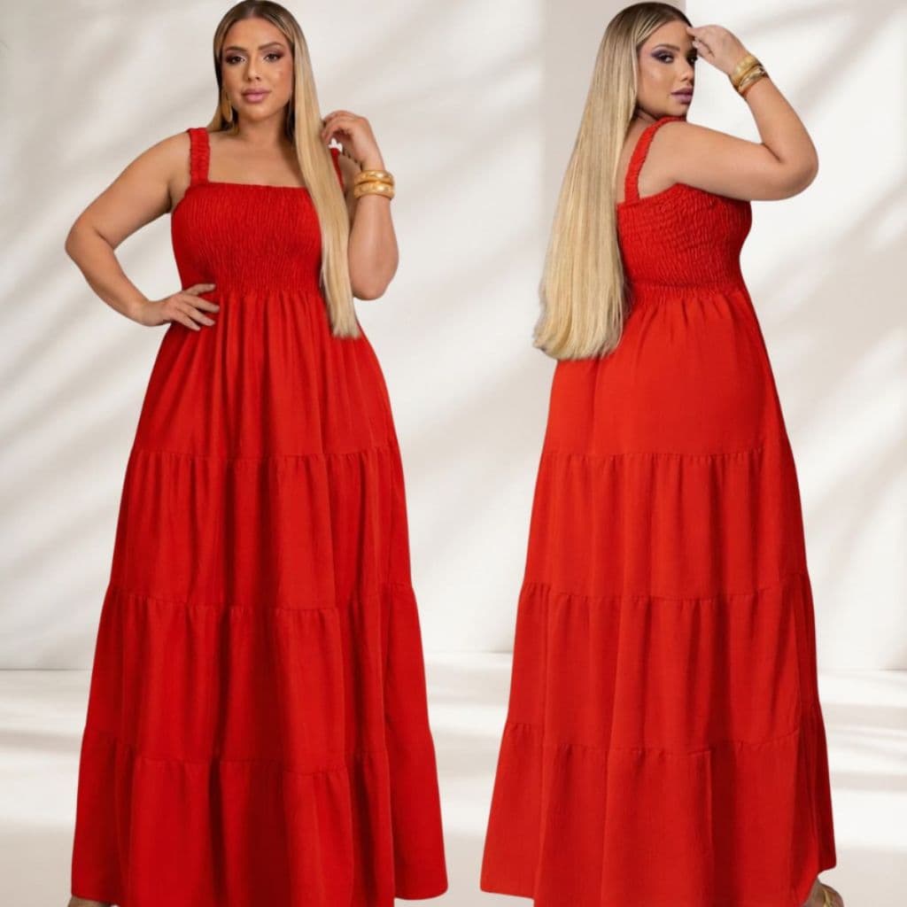 Vestido Longo Plus Size de alça franzida e  3 marias busto de lastex moda envagelica casual elegante tendencia verão