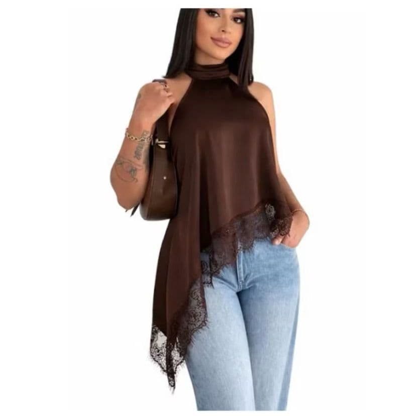 Blusa Feminina Gola Alta Assimétrica Frente Única Com Renda Bata Elegante Tendência Inverno