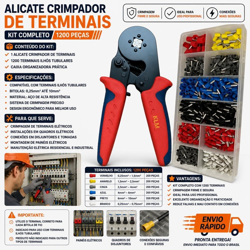 Kit Alicate Crimpar Terminal Ilhós 1200 Peças Profissional Prensa Tubular Eletricista 0,25 a 10mm