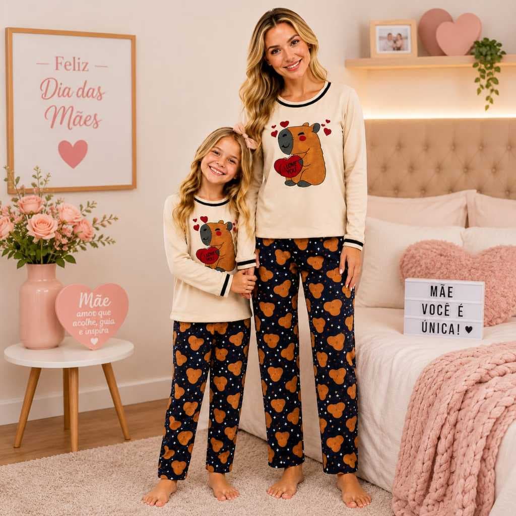 Kit 1 pijama longo feminino adulto + 1 pijama infantil feminino inverno tal mãe tal filha Capivara Calça Frio