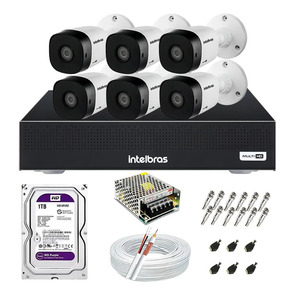 Kit 6 Câmeras Intelbras Hdcvi E Dvr 8 Canais C 1tb Purple Câmeras Segurança WD Purple 1120B MHDX 1008C