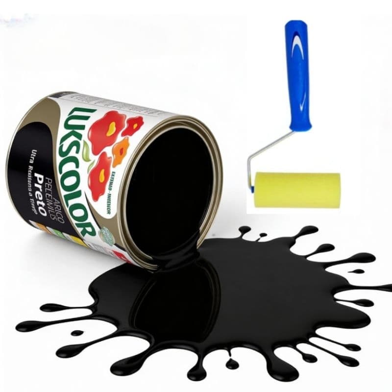 Tinta Piso Preto 900ml Lukscolor Alta Cobertura + 1 Rolo 9cm Resistente