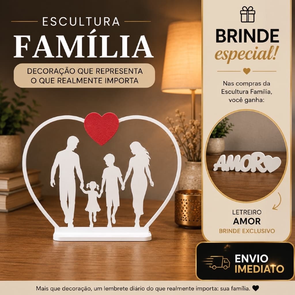 Escultura Família Coração Decorativa Enfeite Mesa Amor União Decoração Sala + Letreiro AMOR