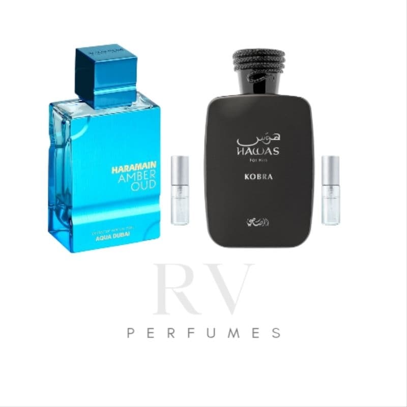 Amber oud Aqua Dubai + Hawas Kobra - Combo Perfume Arabe Masculino