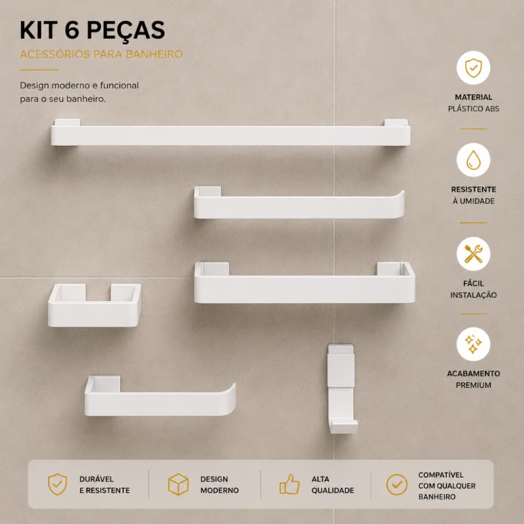 Kit de acessórios para Banheiro Alumínio 6 peças com Porta Toalha Branco Completo Resistente