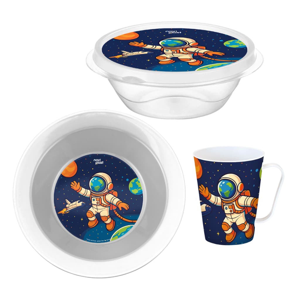 Kit Escolar Infantil Astronauta 3 Peças Caneca Pote Prato Fundo