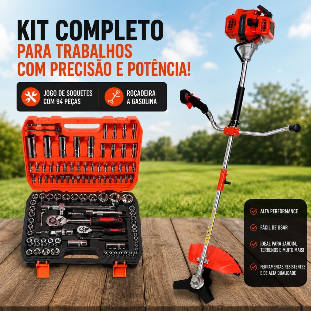 Roçadeira a Gasolina 75cc Profissional + Kit Soquete 108 peças Montagem e Manutenção Mecânica