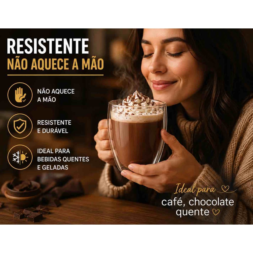 Conjunto Canecas Copos Vidro Parede Dupla 350ml Isolamento Termico Nao Queima Mao Duravel