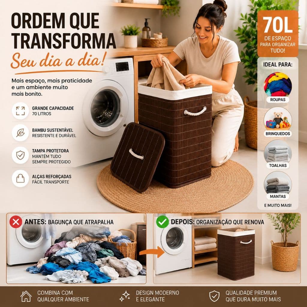 🧺✨ Cesto Organizador De Bambu 70L Com Tampa E Alças | Roupa Suja Lavanderia Branco Premium