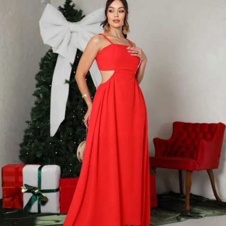 Vestido Longo Forrado Vermelho Com Amarração Nas Costas Regulador Com Bojo Envio Imediato
