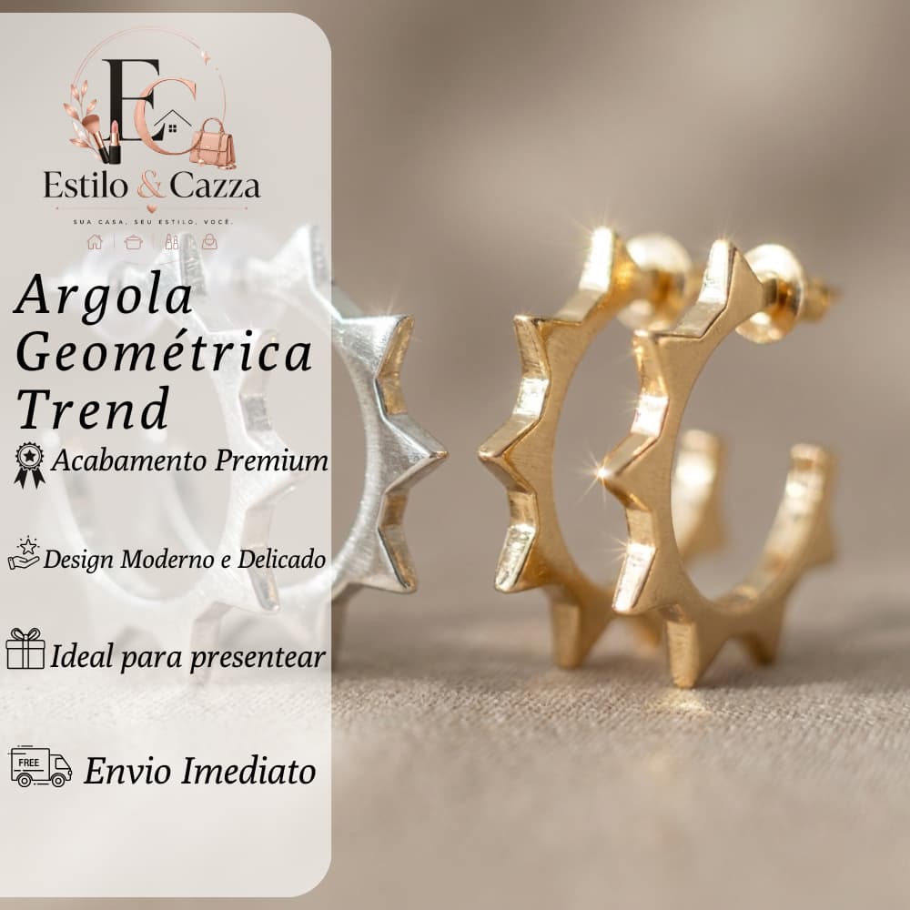 Brinco Feminino Argola 5 Pontas Espinho Geométrico Tendência Dourado e Prata
