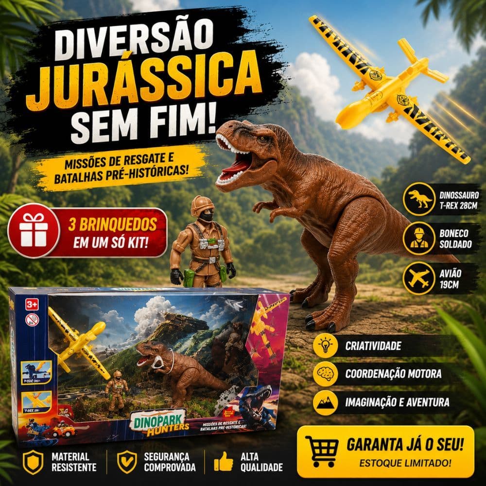 Playset Dinopark Hunters Dinossauro + Avião + Boneco Infantil - Aventura Jurássica Completa