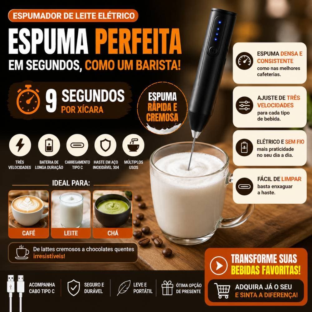 Mini Mixer Elétrico Usb  Misturador De Bebidas -Café, Leite e Wey Portátil e Multifuncional Preto