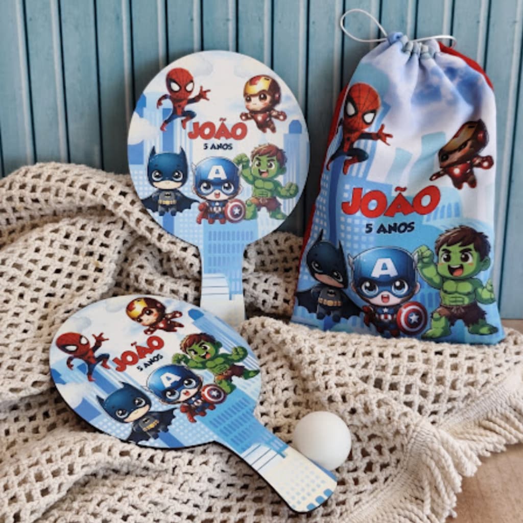 Kit Raquetes Ping Pong com saco de tecido 5 kits Personagens