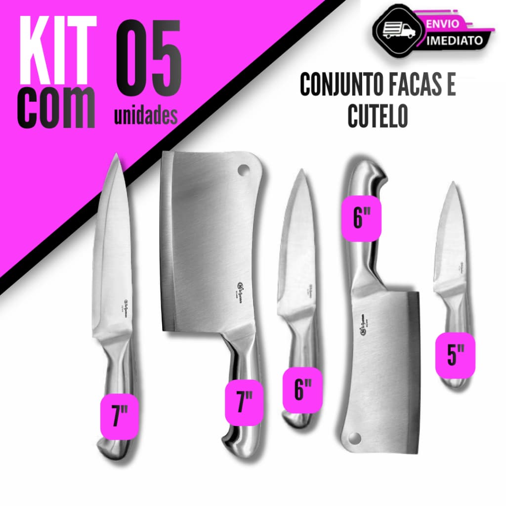Conjunto Facas 5" 6" 7" Chef e Cutelos 6" 7" Inox para Carne Cozinha Churrasco Kit 5 Uni