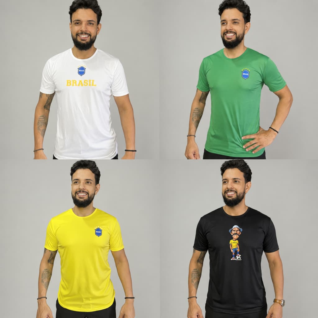 Combo 4 unidades - Camiseta Masculina Brasil Esportiva DryFit Premium Tecido com Proteção UV Anti Odor
