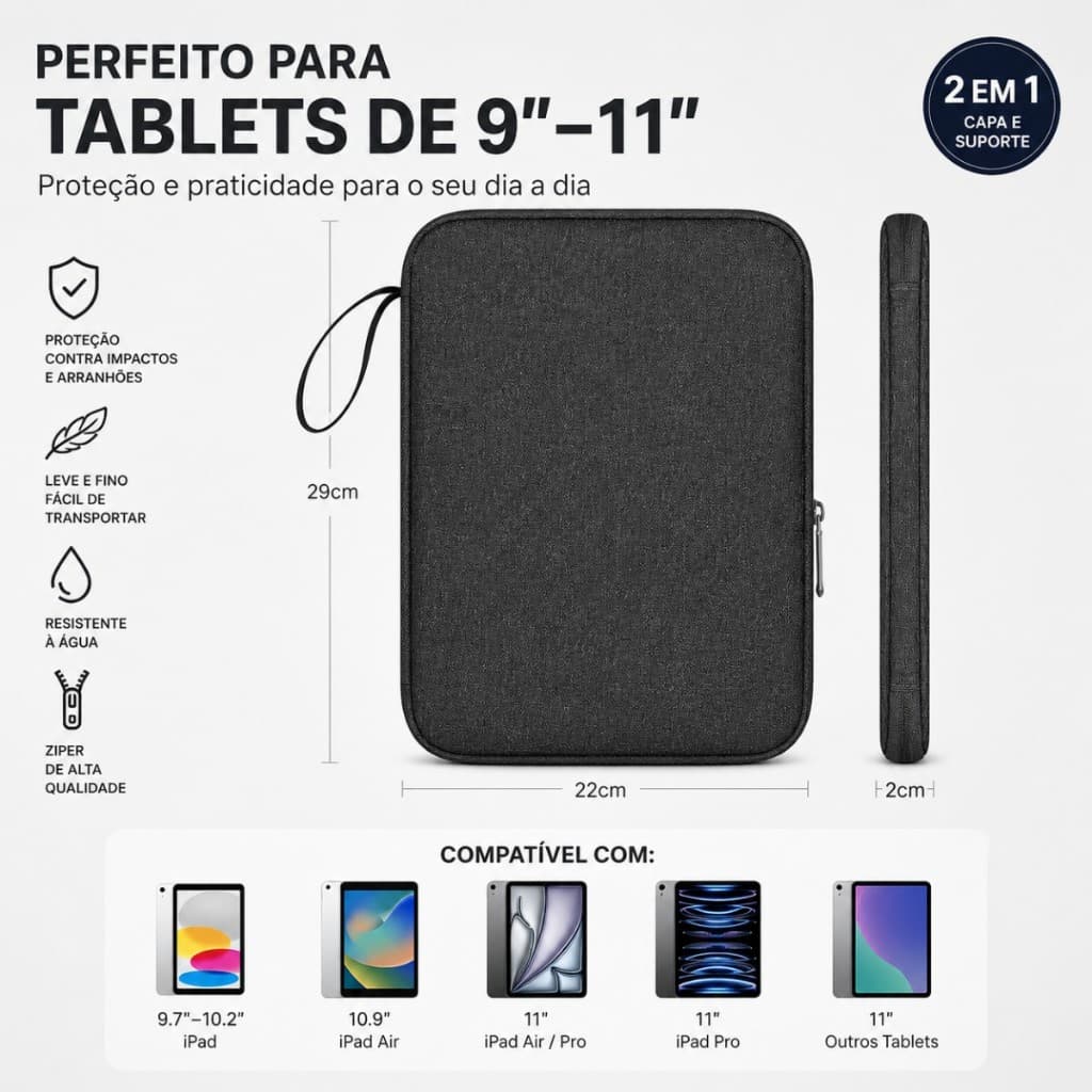 Capa Case Bolsa Pasta Para Tablet Galaxy S6lite/S7/S8Xiaomi 6PRO /Redmi pad SE/ Pro 12.1 iPad 7-10 à Pro 13” Polegadas