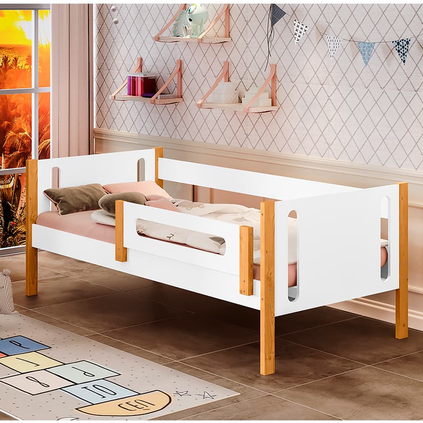 Cama de Solteiro Mirela Branco/ Mel com Grade de Proteção
