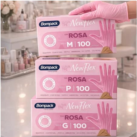 Luva Rosa Newflex Bompack s/ Pó com 100 Unidades Tamanho P M G | Descartável | Envio Imediato